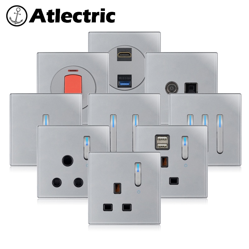 Atlectric Gray Grey Glass Panel Power Socket UK Plug Wall Outlet Light Switch With LED Piano Key