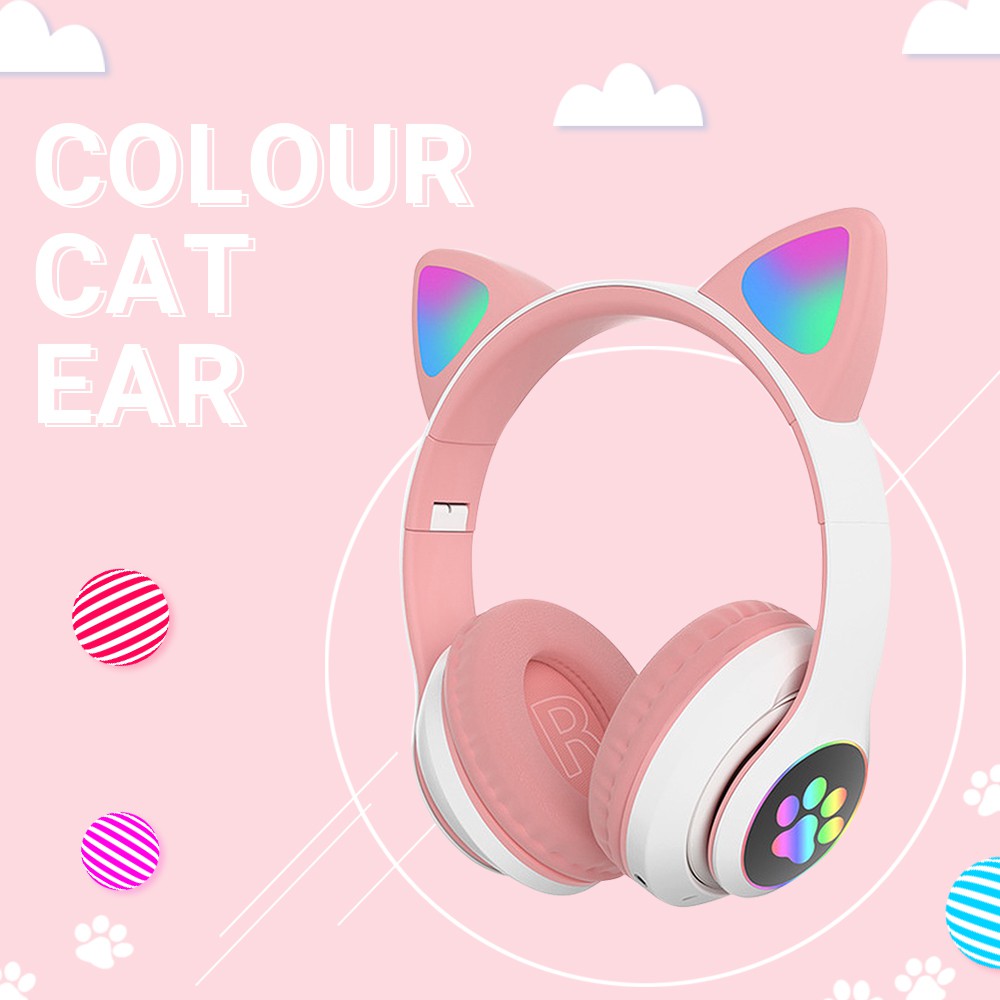 STN28 LED Cat Ear Noise Cancelling Headphone Pink Girl Cute Bluetooth