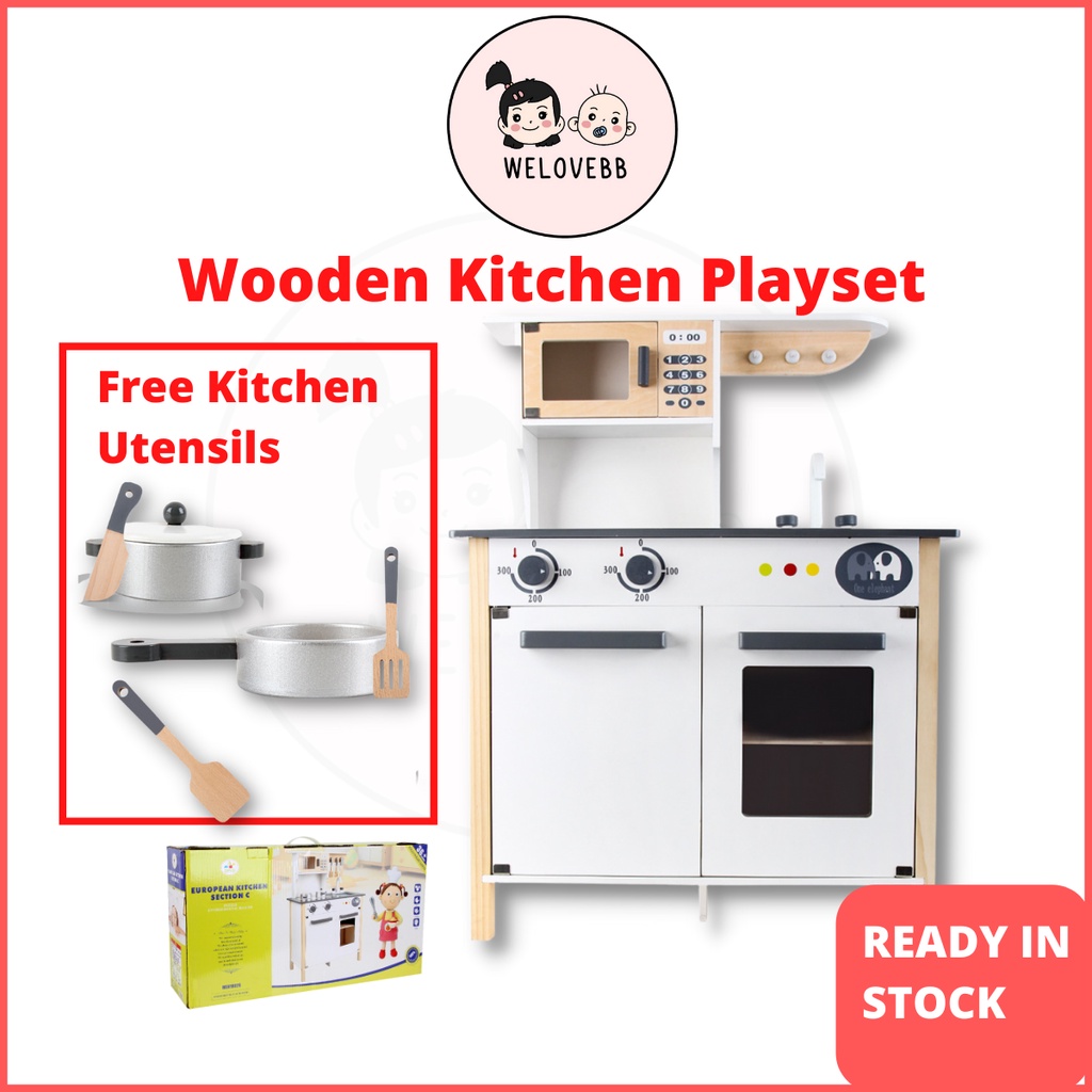 WELOVEBB European Wooden Kitchen Playset Kids With Utensils Pretend