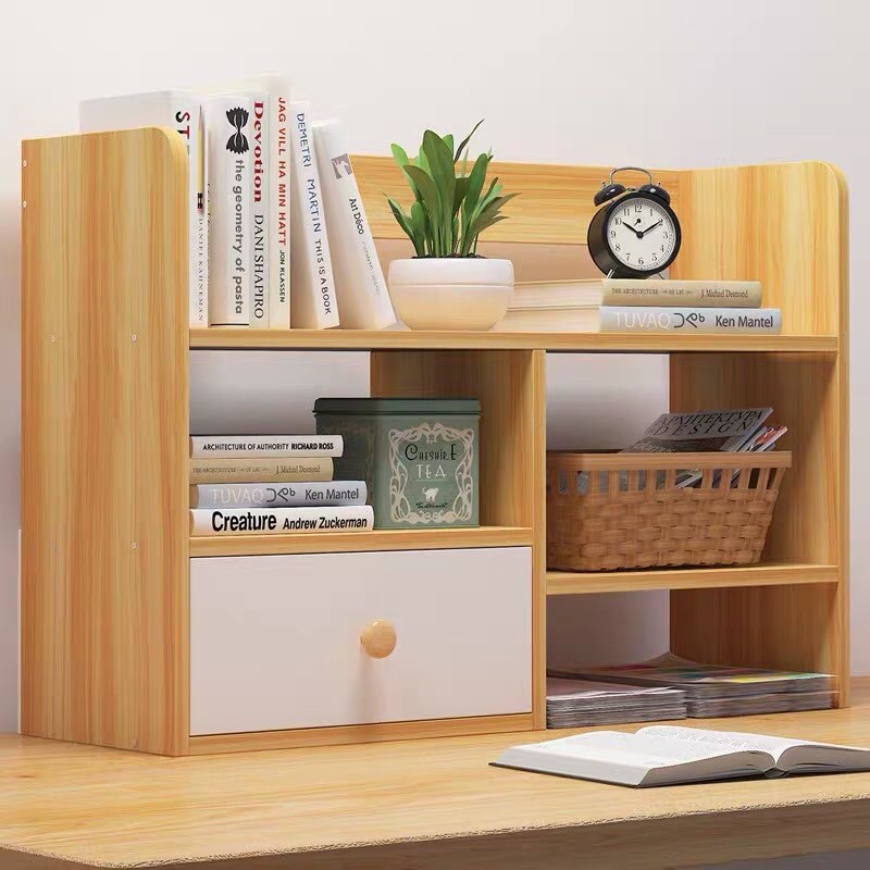 Sturdy Wooden Book Rack with Drawer Table Top Book Shelves Table