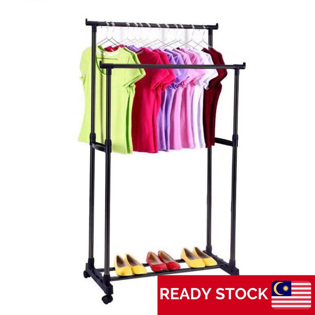 Double multigarment Holders Rak Pakaian Bertiang Roda Heavy Duty
