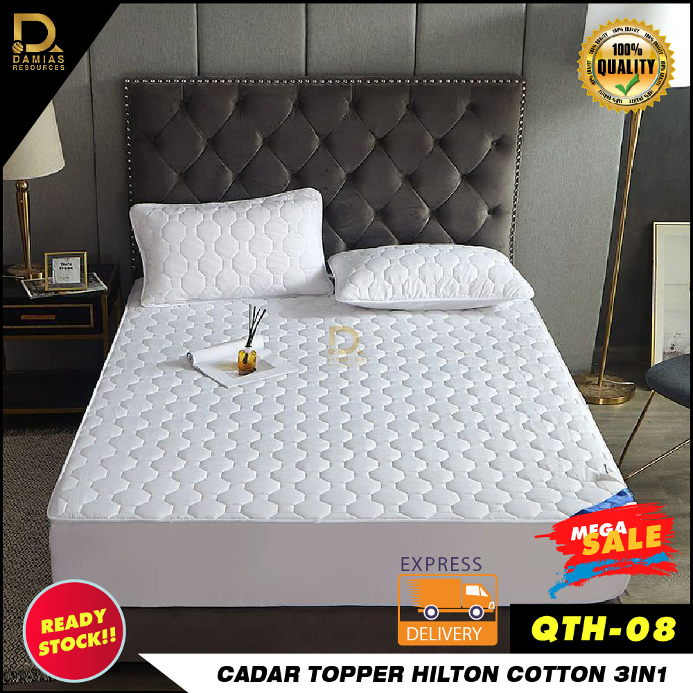 Gedung Cadar Topper HILTON Set 3 IN 1 Plain Hotel Size Queen Full Cover