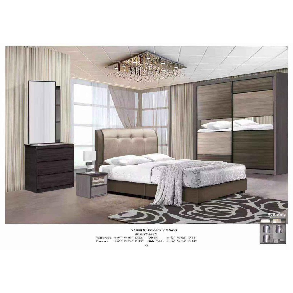 (KLSeremban Free Shipping) Quality Bedroom Set Queen Bed + 8x8 Wardrobe + Dressing Table + Side