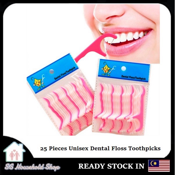 25 Disposable Dental Floss Picks Waxed Toothpick Stick and Floss Dental