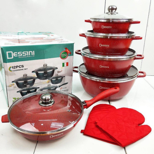 READY STOCK SET PERIUK DESSINI ITALY 12 PCS NON STICK GRANITE COOKING