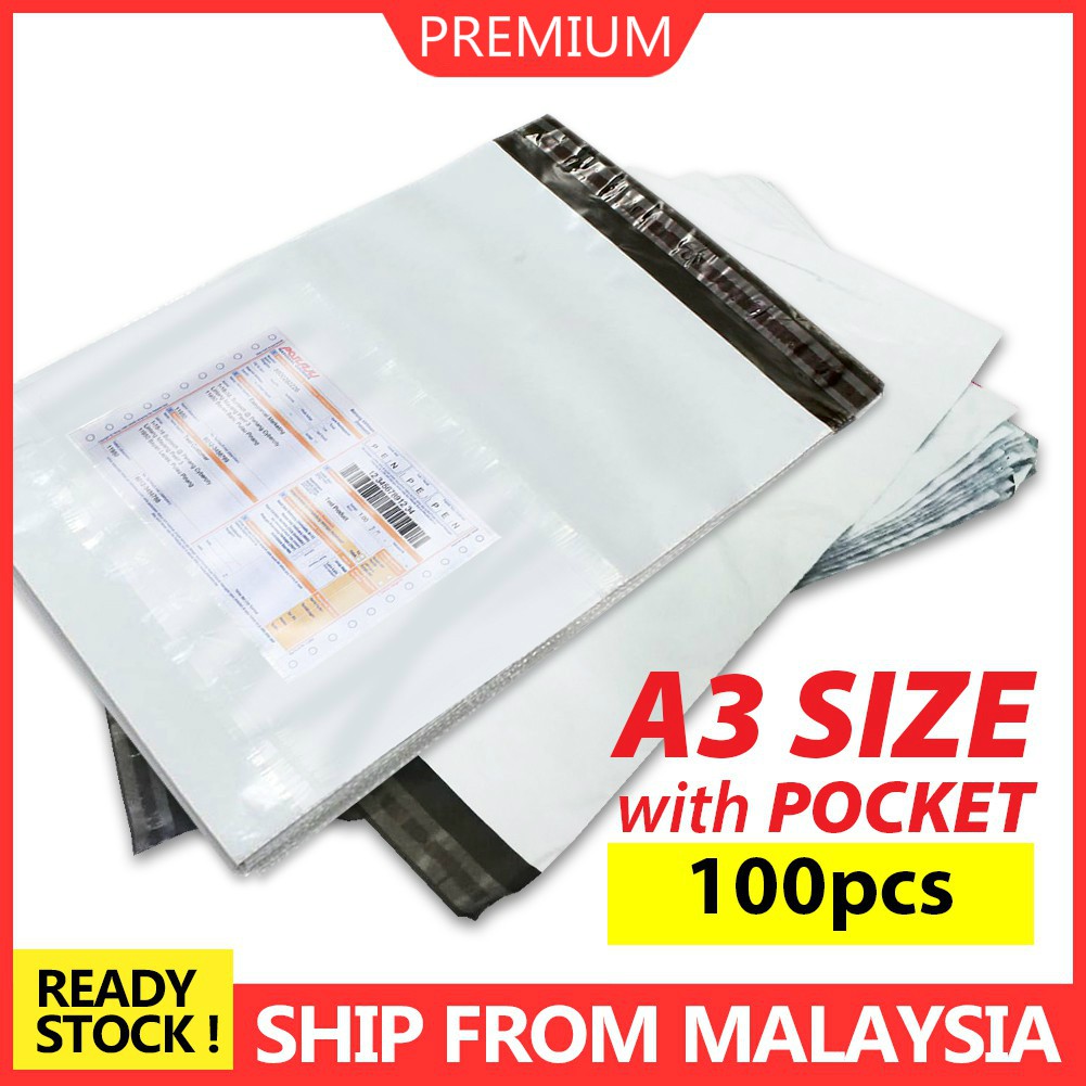READY STOCK 100 Pcs Courier Bag A3 with Pocket Bag Mailing Flyers WHITE