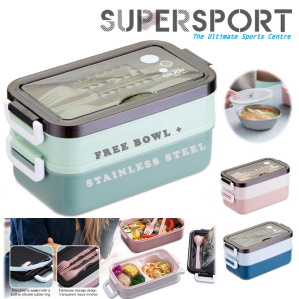 1.6L Lunch Box Tupperware with Cutlery Stainless Steel Bowl Double