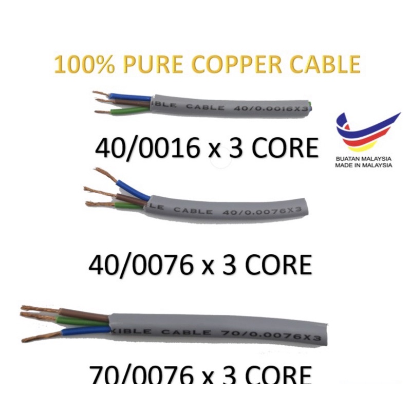 100 PURE COPPER CABLE 23/0016 40/0016 / 40/0076 / 70/0076 X 3 CORE