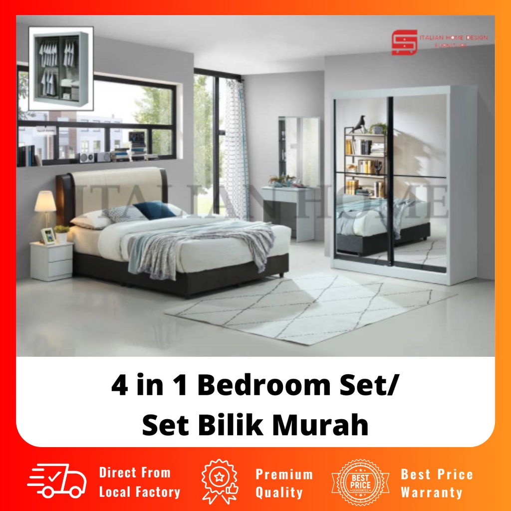 Melaka Combo Bedroom Set With Mirror Door/ Set Bilik Almari Cermin 4 in 1 Harga Kilang Shopee
