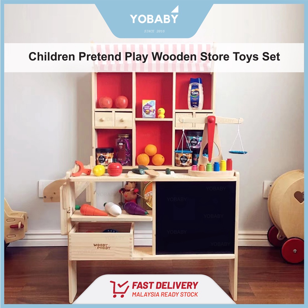Children Pretend Play Wooden Supermarket Store Toys Set Grocery Shop