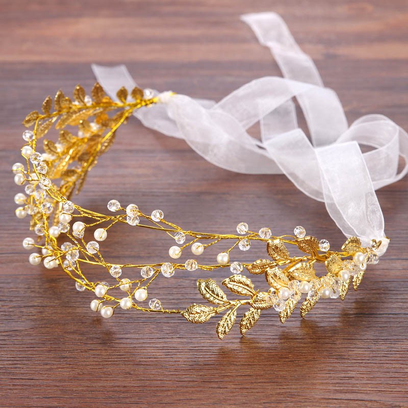 Golden Wedding Tiara Pearl Wedding Crown with Golden Leaves Bridal Hair