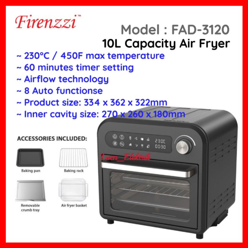 Firenzzi 10L MultiFunction Air Fryer Oven 1500W Stainless Steel with 8