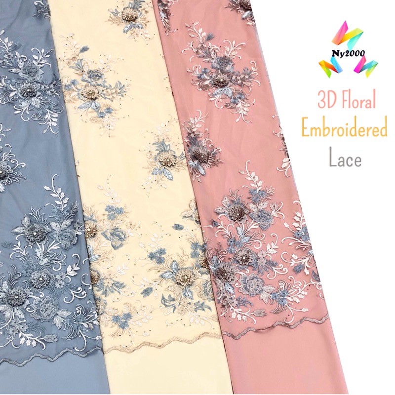 Exclusive 3D Floral Embroidered Lace & Plain Lining Fabrics / Wedding