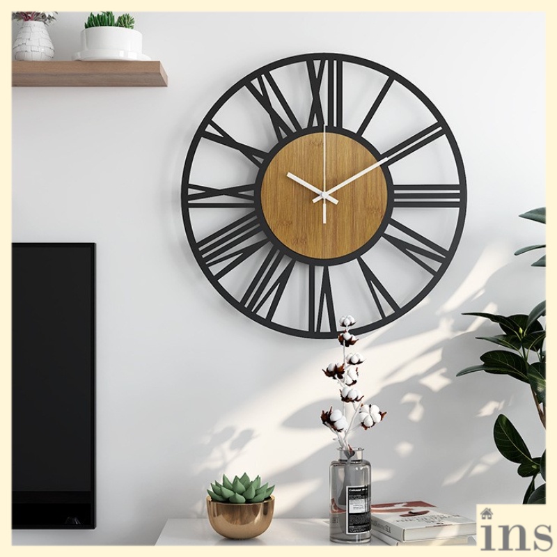 Nordic Wood Wooden Metal Wall Clock Deco Decoration Silent Roman