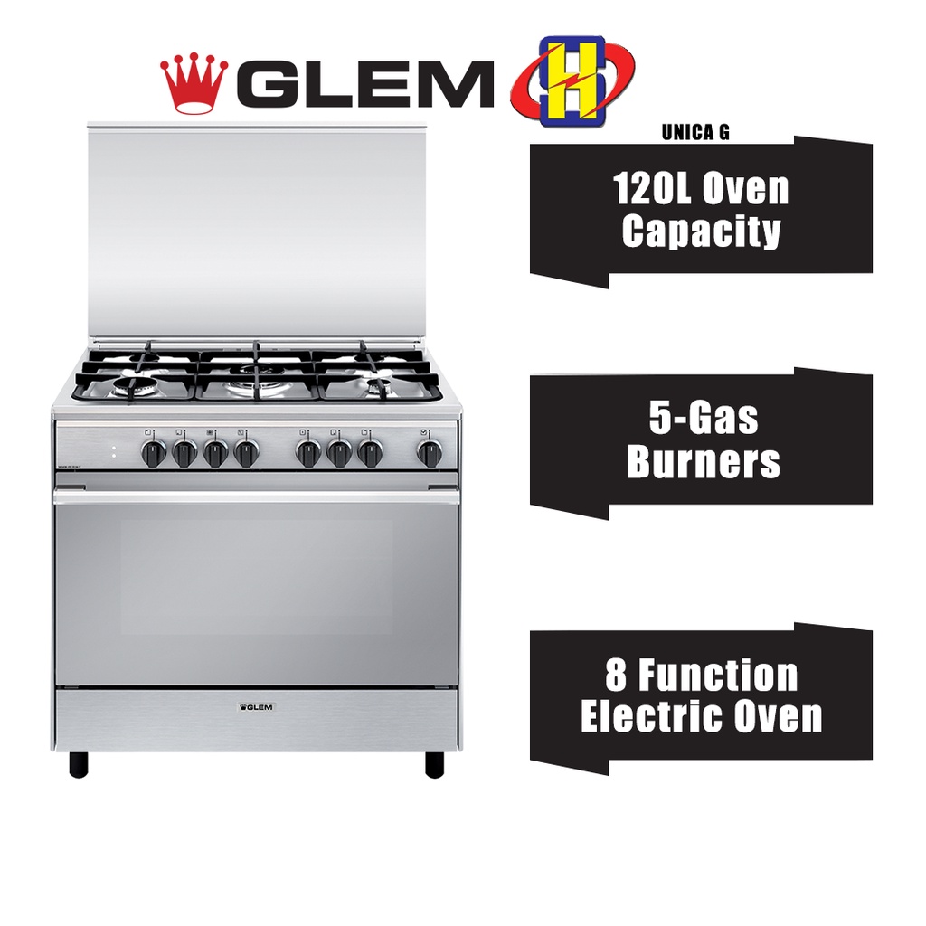 Glem Free Standing Cooker (120L/5Burners) Full Electric Oven with Gas