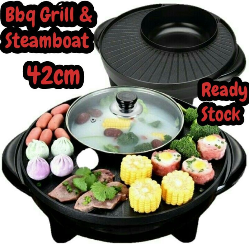 sandristore 2 in 1 Korean 36cm/42CM BBQ Grill & Steamboat Teppanyaki Hot Pot Shabu Hot Pan