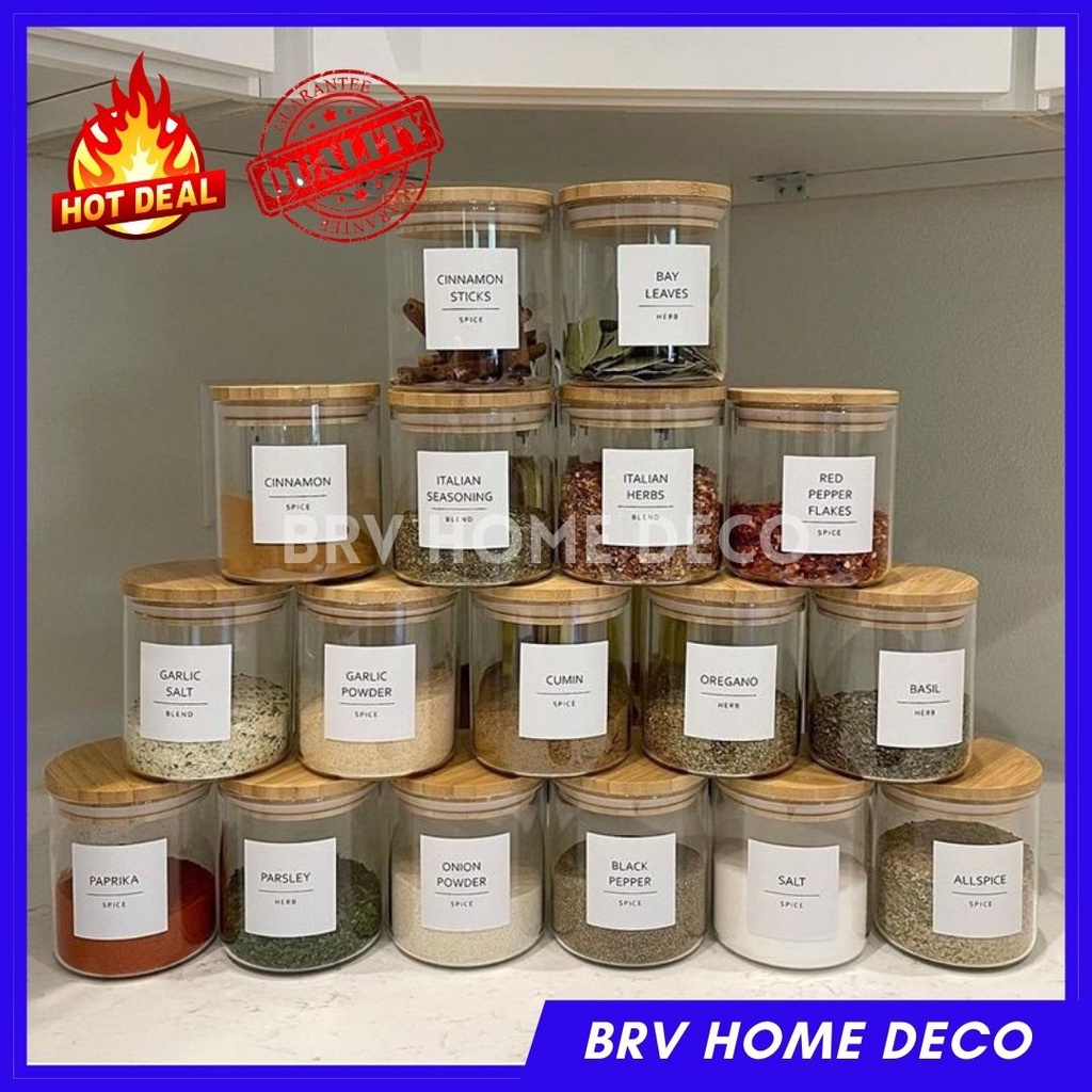 [READY STOCK] 12pcs Bamboo Spice Lid Airtight Container Seasoning Jar