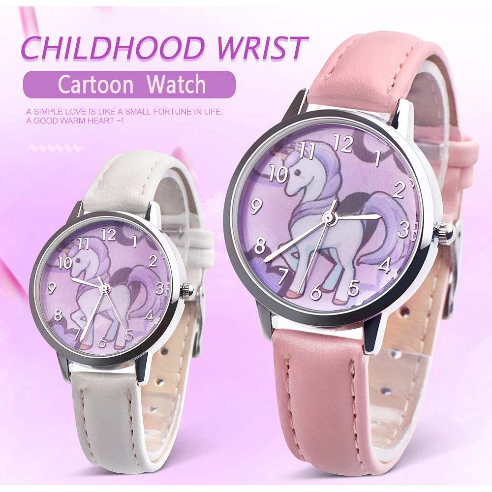 Jam Tangan Anak Cewek Unicorn Cartoon Leather Strap Quartz