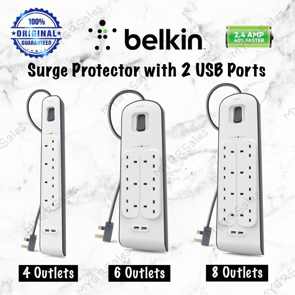 Belkin Surge Protector with 2 USB Ports (4 / 6 / 8 Outlets) Shopee