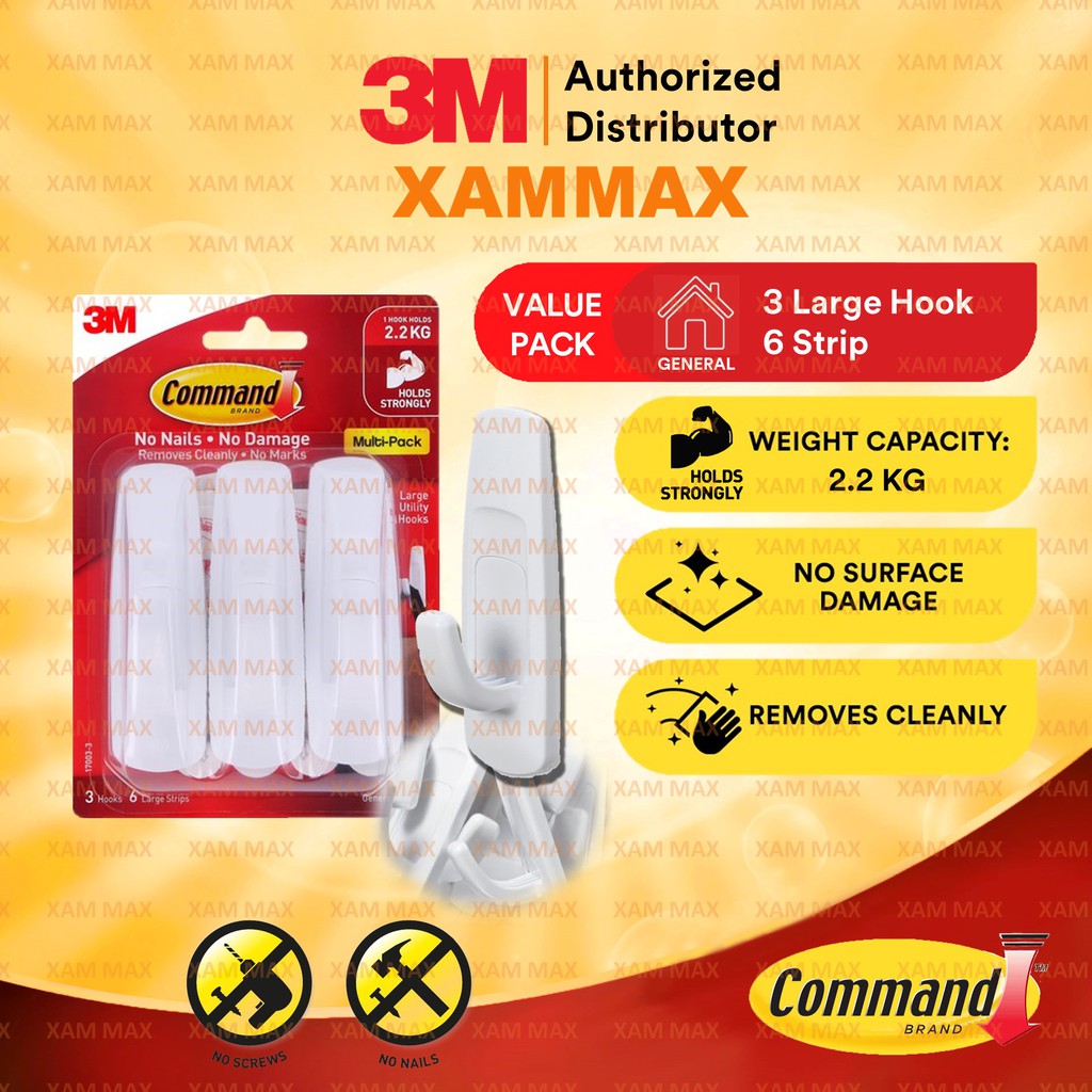 3M Command 17003VP Wall Mounted Large Utility Hook (3pcs) Organize