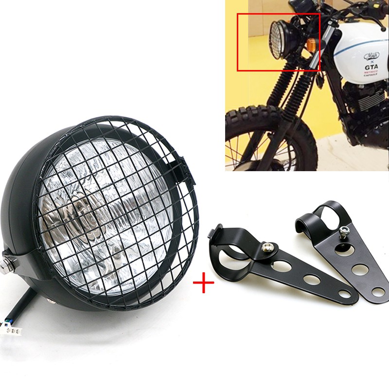 6.5" Retro Motorcycle Headlight Grill Side Mount Cover W/ Bracket Cafe