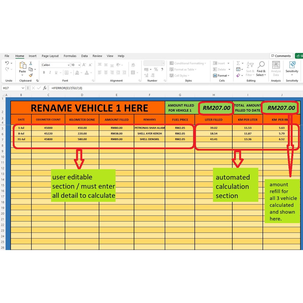 FUEL EXPENSES RECORD MICROSOFT EXCEL PETROL/ DIESEL REFUEL CALCULATOR