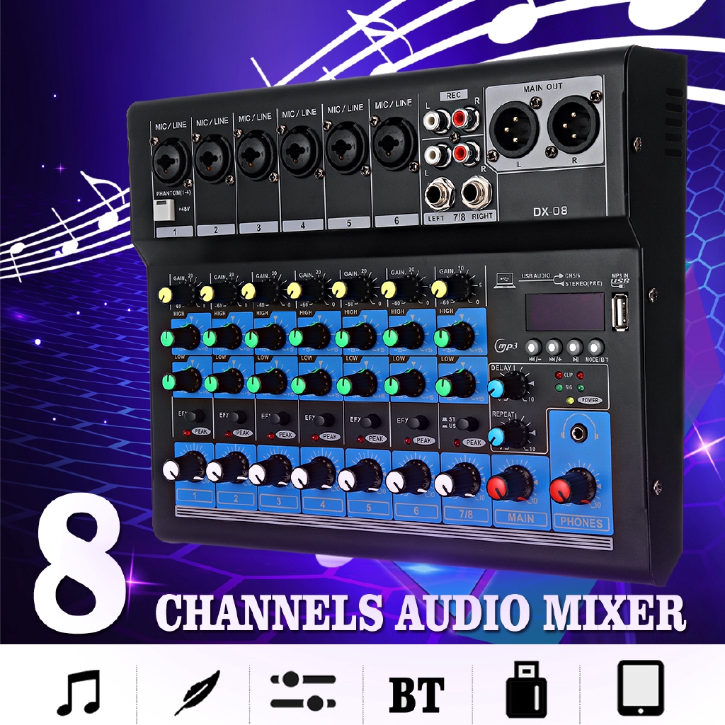 8 Channel Portable Audio Mixer with Bluetooth USB DJ Sound Mixing Console MP3 Jack Karaoke 48V