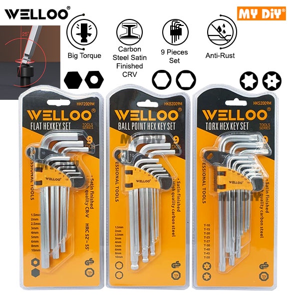 MYDIYHOMEDEPOT Welloo 9pcs Allen Key Set Flat Hex Allen Key Ball