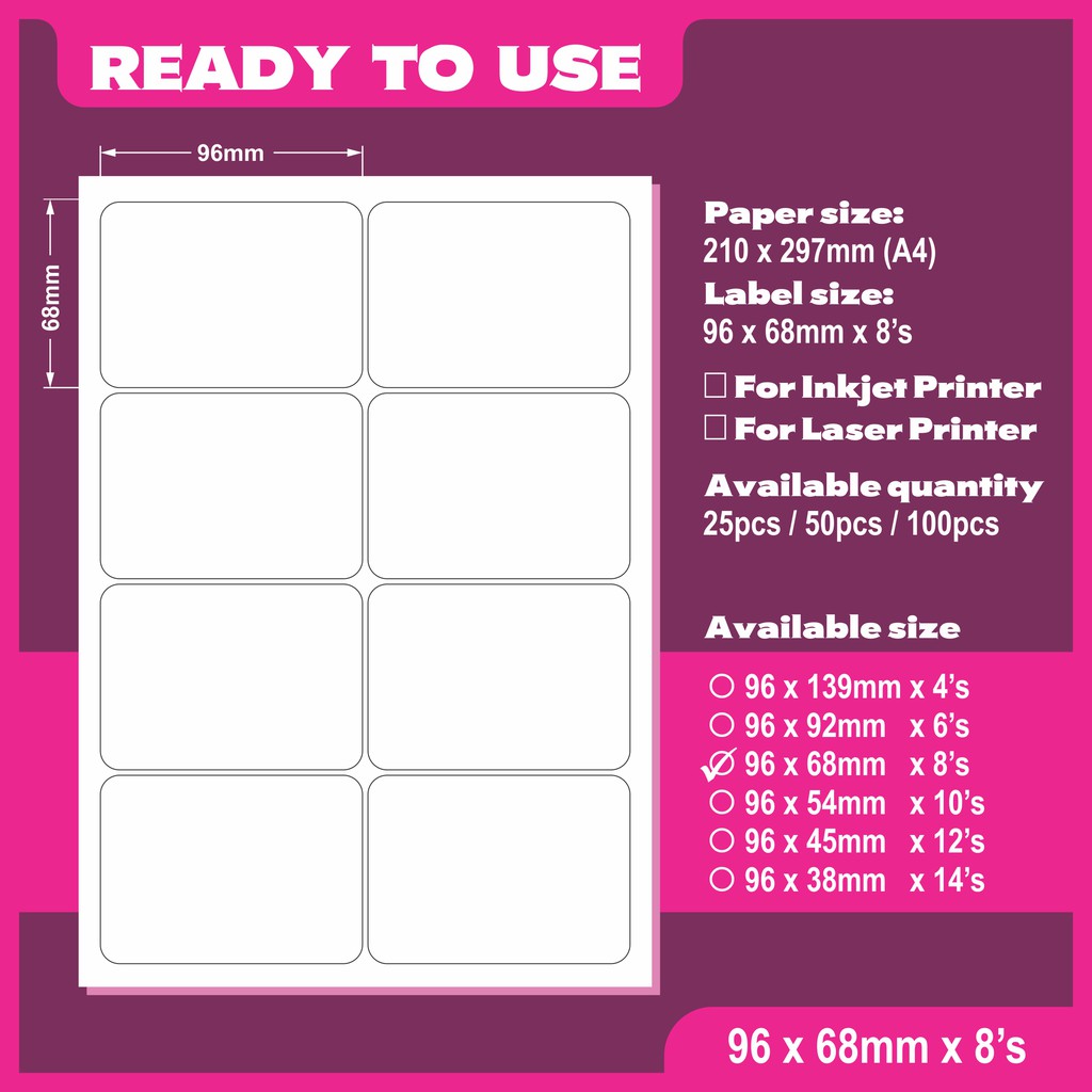 A4 Pre Cut Blank Sticker / A4 Blank Sticker (96 x 68mm x 8's) Shopee