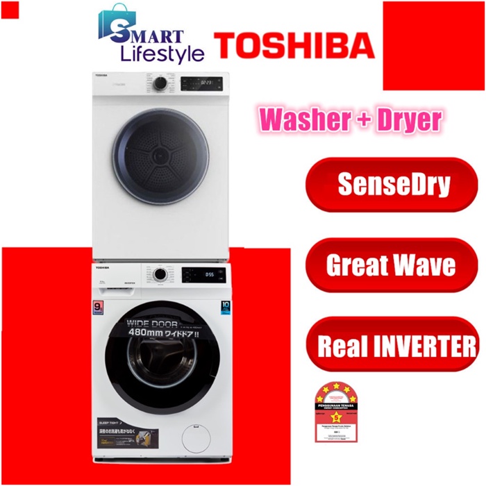 Toshiba Front Load Inverter Washer (7.5kg) TWBH85S2M + Sense Dry Tumble Dryer (7kg) TDH80SEM