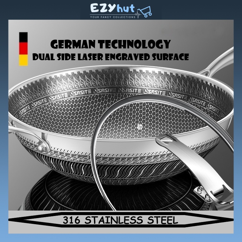 CNY 316 Stainless Steel Non Stick Wok 3D Laser Engraved Non
