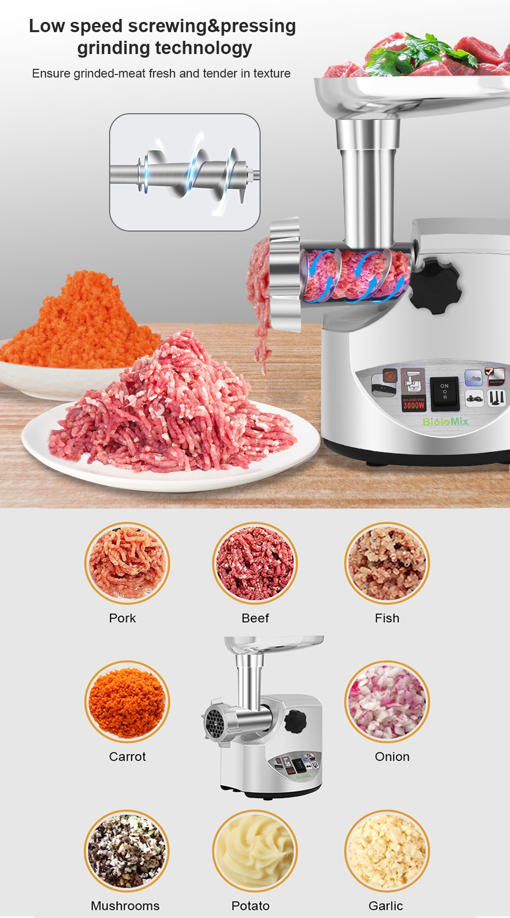 BioloMix 3000W Stainless Steel Heavy Duty Electric Meat Grinder Sausage