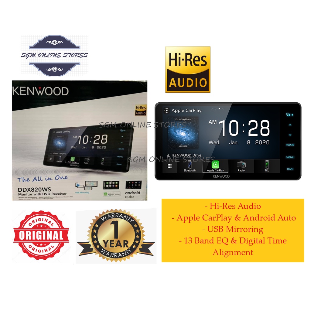 Kenwood DDX820WS 7inch WVGA Display with HiRes Audio / Apple CarPlay