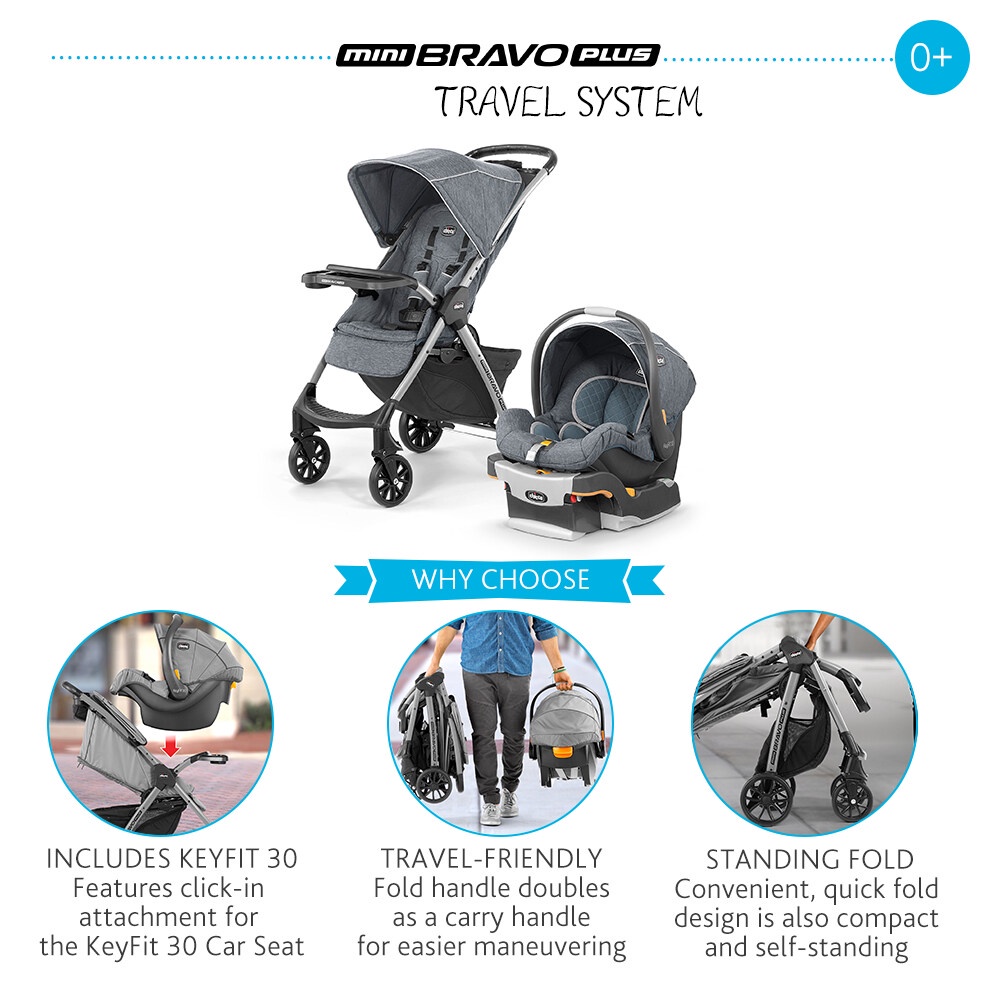 Chicco Mini Bravo Plus Travel System Stroller Baby + Keyfit 30 Infant Carrier Car Seat