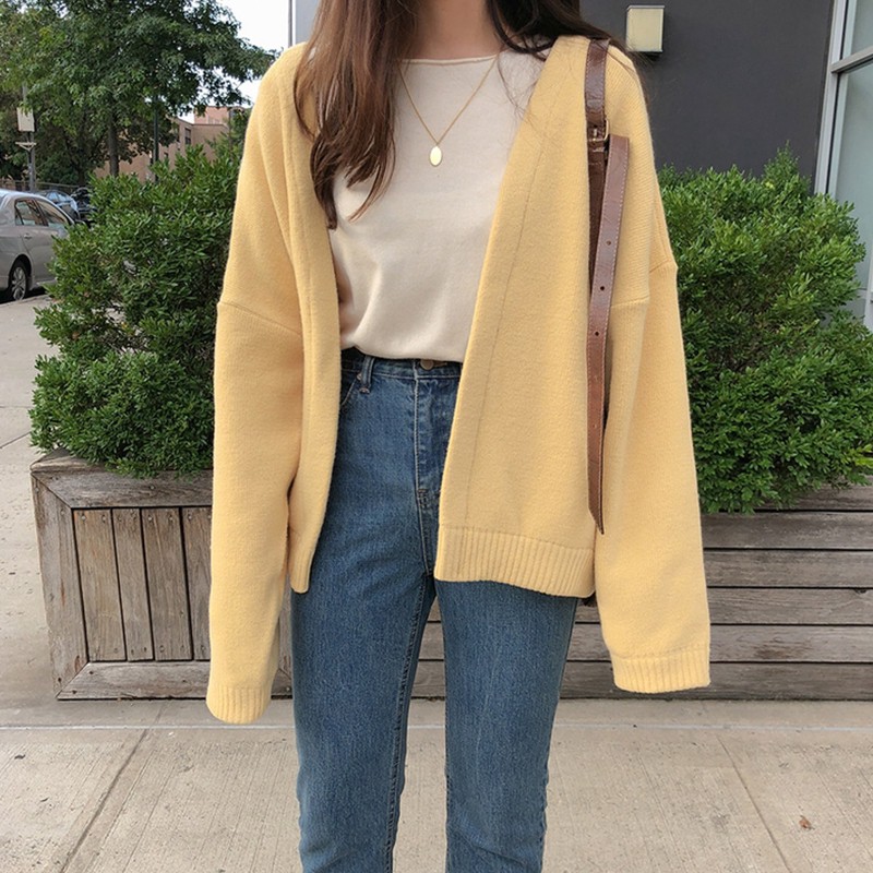 New Korean Women Top Loose Sweater Yellow Knitting