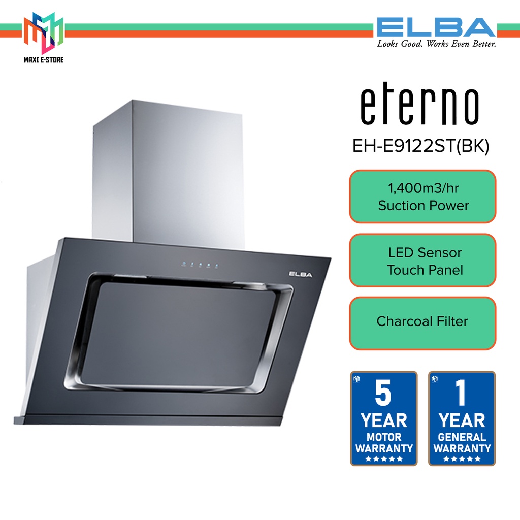Elba ETERNO EHE9122ST(BK) Designer Kitchen Chimney Hood 1400m3/hr