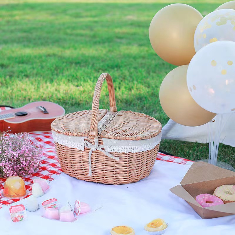 MOMO LIFE Wicker Handmade Woven Rattan Basket With Handle And Double Lids Camping Picnic Food