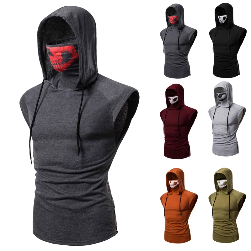 Elastic Fitness Men's Ninja Vest Cap Sleeveless Hooded Tshirt Mission
