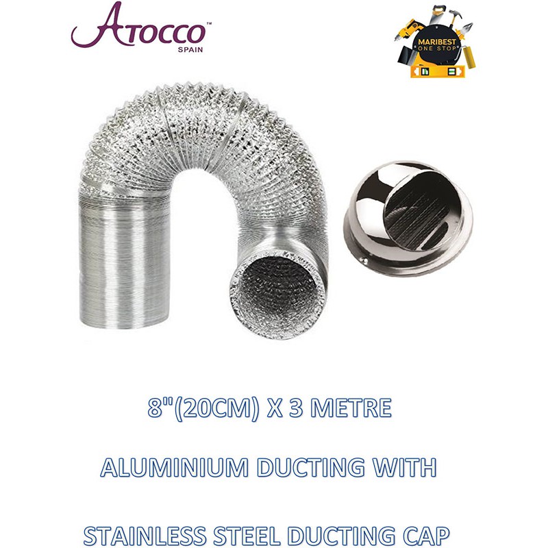 8" X 3M ALUMINIUM DUCTING HOSE WITH STAINLESS STEEL DUCTING CAP