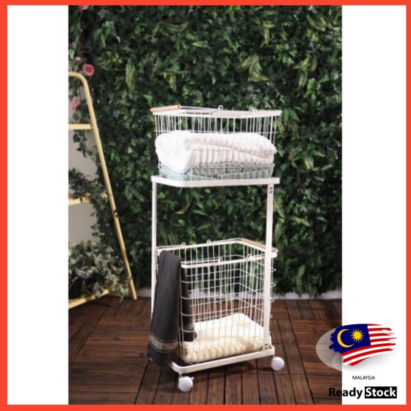2 Tier Laundry Basket with Wheel dirty clothes basket rack laundry