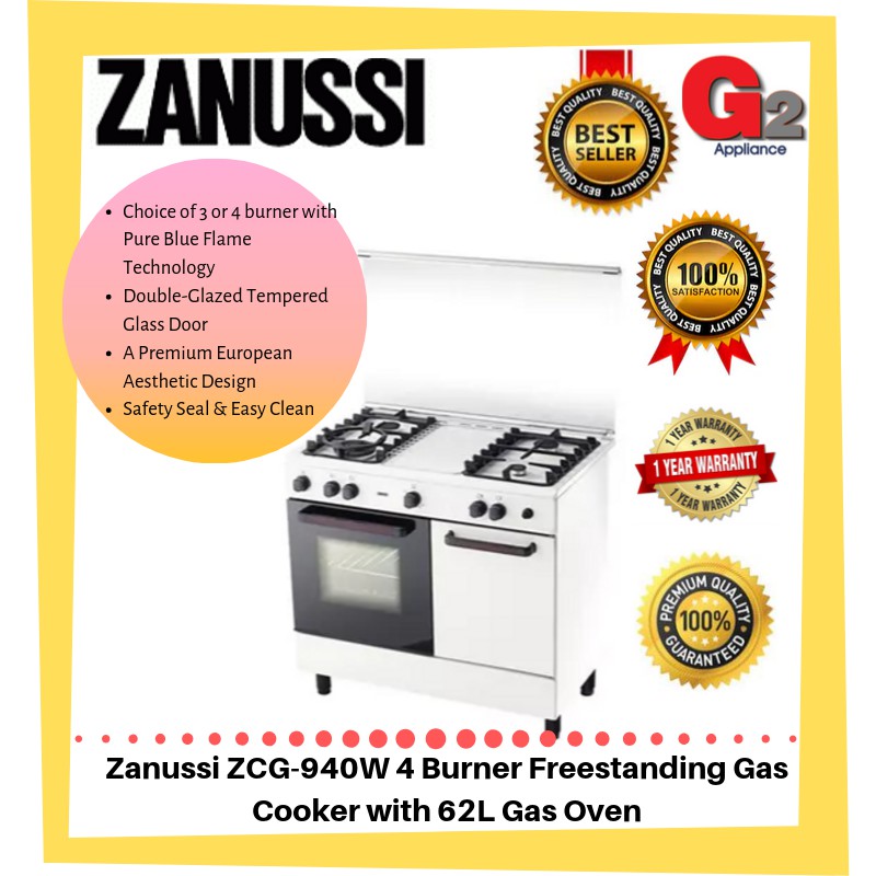 Zanussi ZCG940W 4 Burner Freestanding Gas Cooker with 62L Gas Oven
