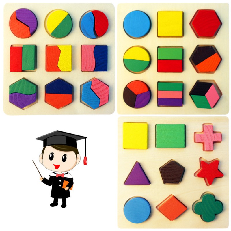 [READY STOCK]Wooden Puzzle Geometric Sorting Shapes Sorting Puzzle Kids