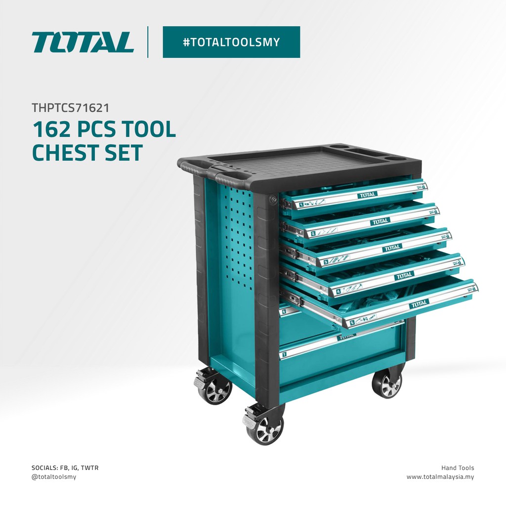 TOTAL 162 Pcs Tool Chest Set, w/ 7 Drawers, Castor w/ Brakes, Wrench