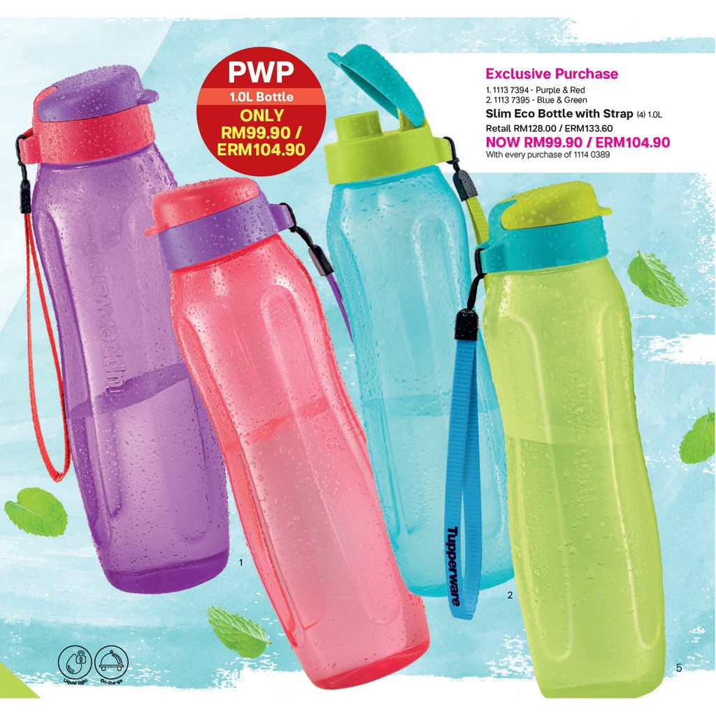 Tupperware Slim Eco Bottle with Strap 1L Dwicolour Botol Air BPA Free