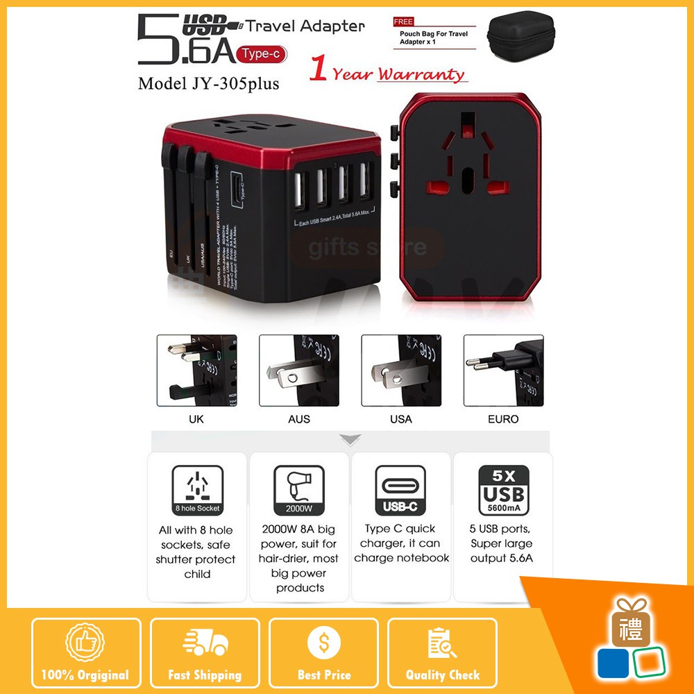 powerbank Universal Travel Adapter Plug 5.6A 4 USB 3.0A Type C Ports