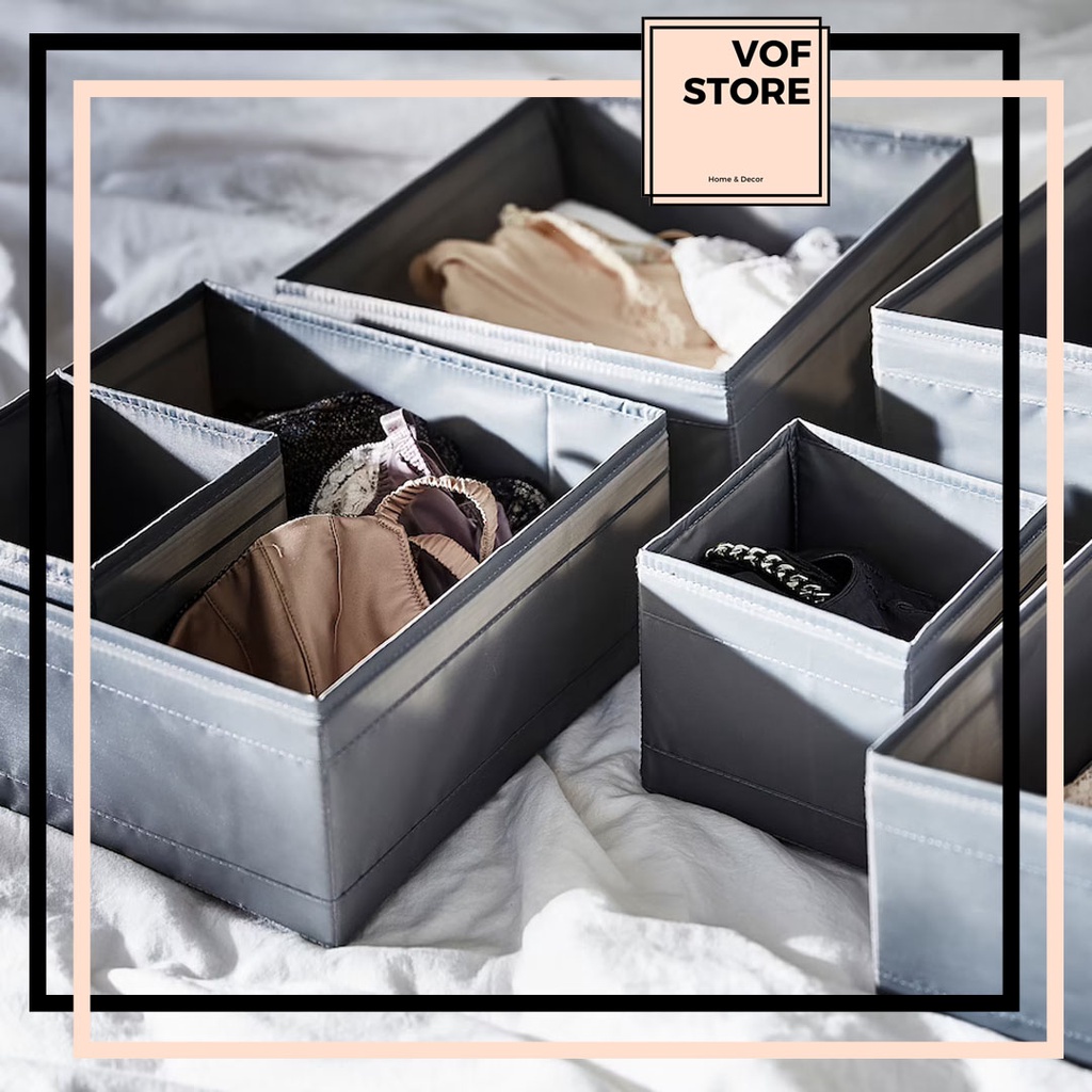 [6 PIECES] IKEA STORAGE BOX SKUBB BOX 14X14X13CM WHITE DARK GREY