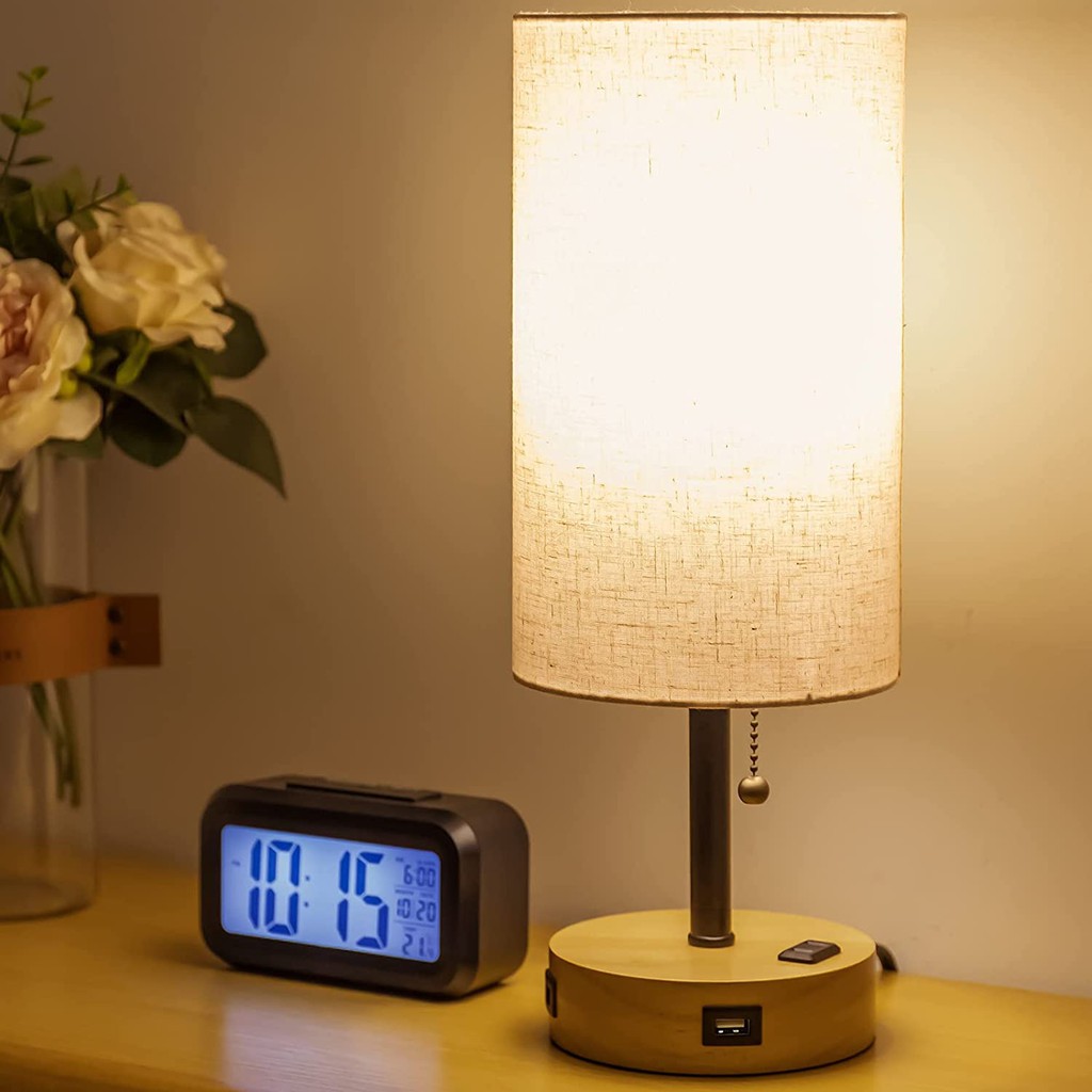 Bedside Table Lamp, Bedside Lamp with USB Port and Outlet, Nightstand