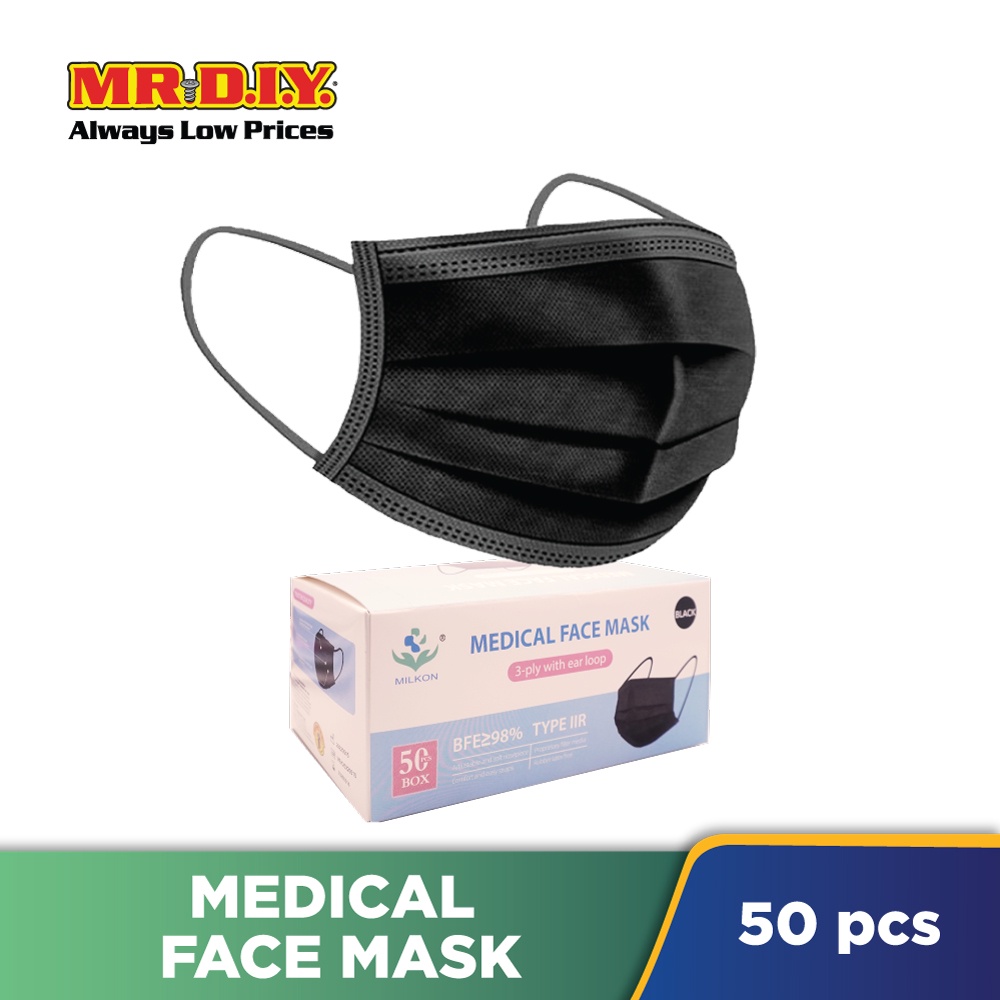 MILKON 3ply Disposable Medical Face Mask Black (50 pieces) Shopee