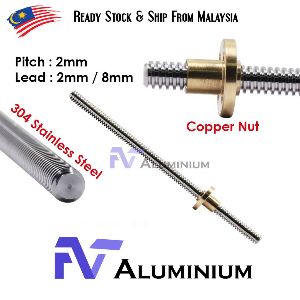 T8 Lead Screw Thread diameter 8mm Pitch 2mm Lead 2mm / 8mm Rod + Copper
