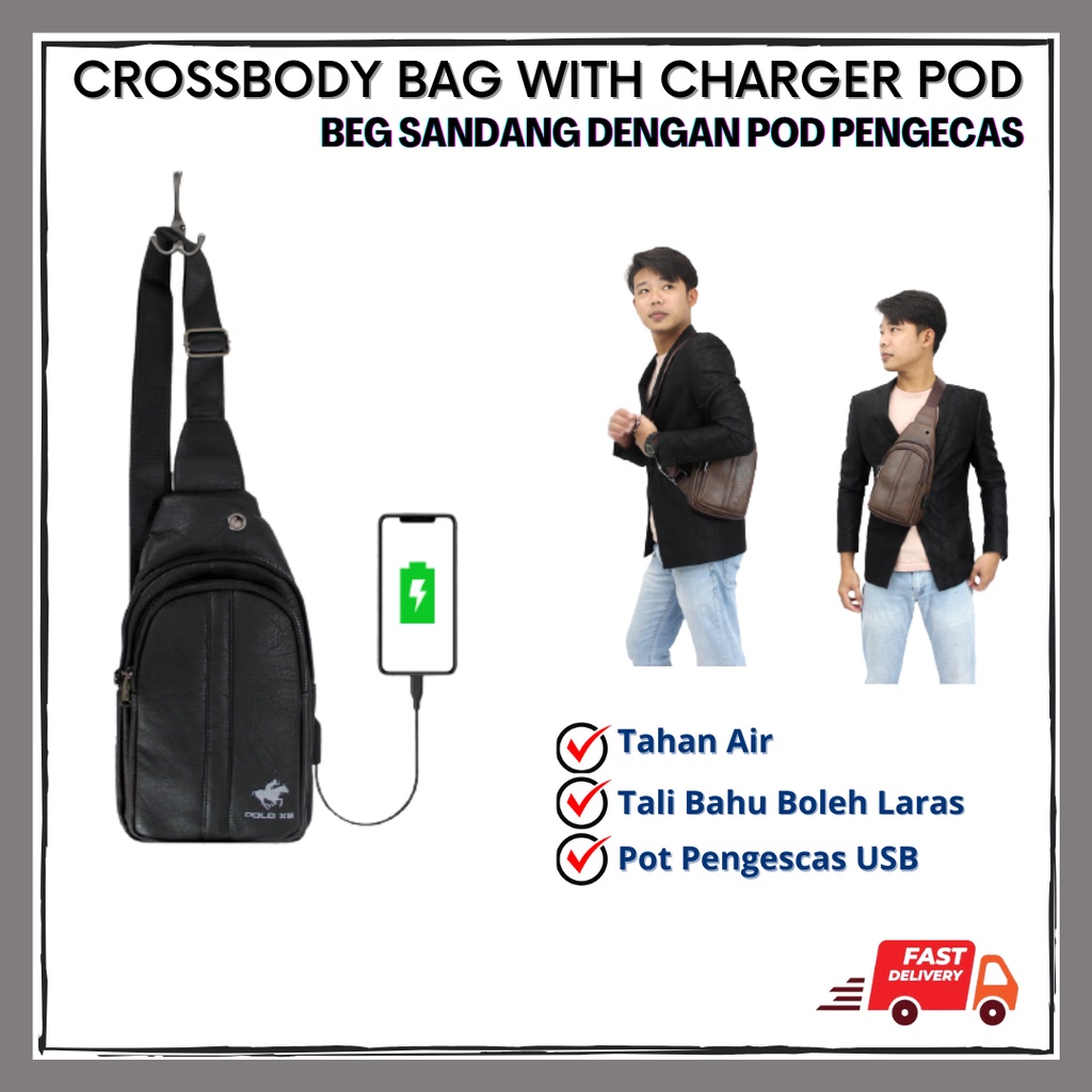 Beg Sandang Kulit Lelaki Dengan Pod PengecasPolo XII Crossbody Bag